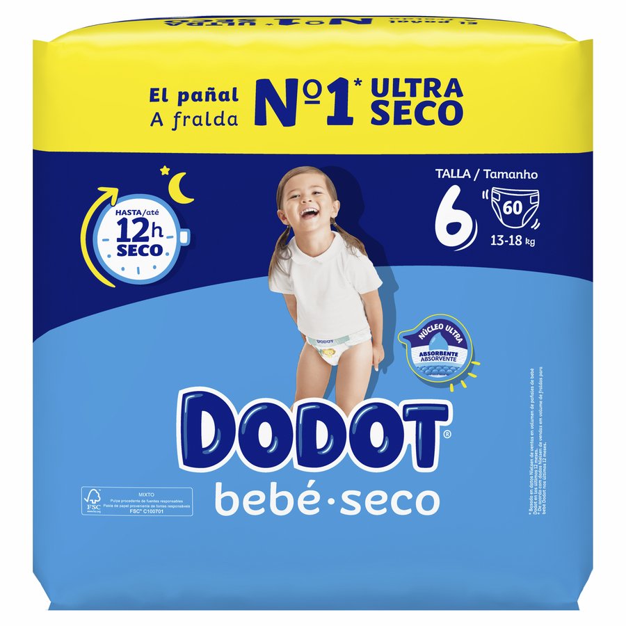 Pañal DODOT bebé seco T6 60 unidades