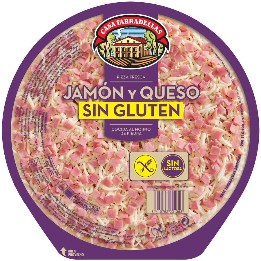 Pizza fresca TARRADELLAS Jamon y Queso sin gluten y sin lactosa 420 g