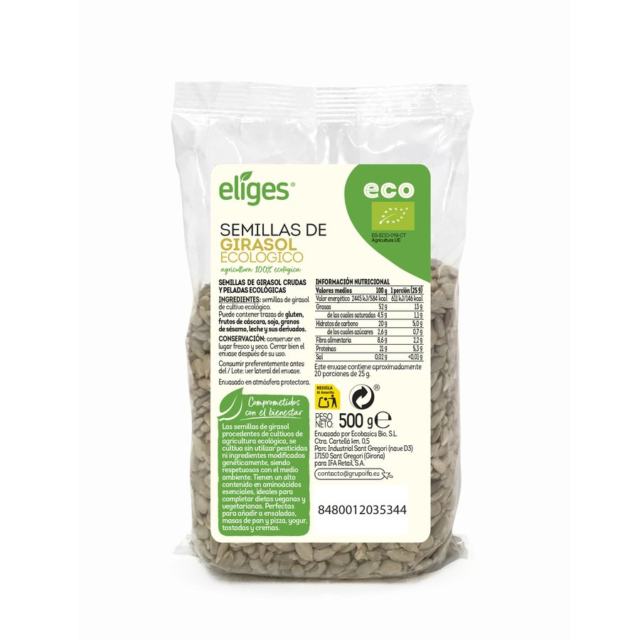 Semillas de girasol crudas y peladas ecológicas ECO ELIGES 500 g