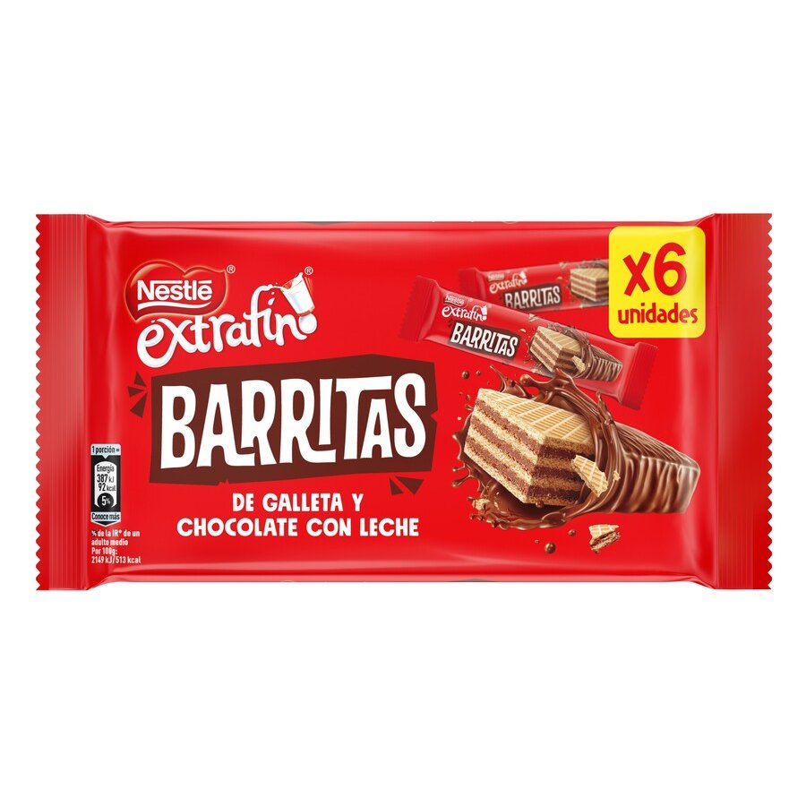 Barritas de galleta y chocolate con leche NESTLE extrafino 6 unidades 108g