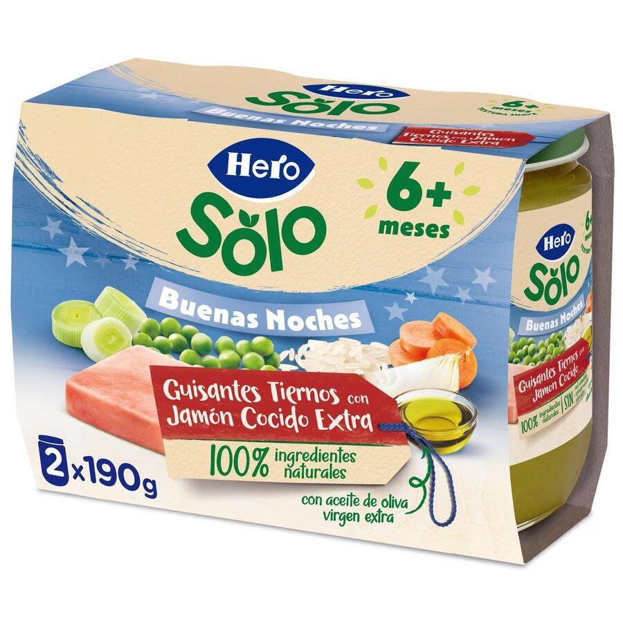 Alimento infantil HERO Baby Buenas Noches guisantes con jamón 2x190 g