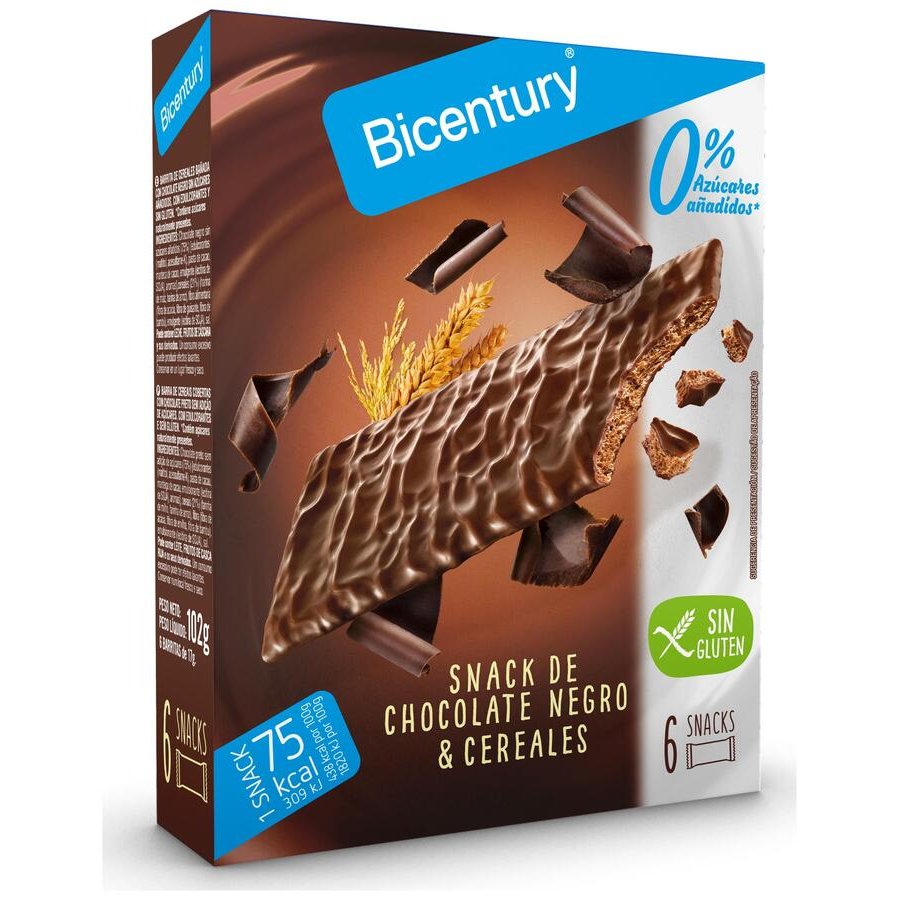 Barritas cereales SARIALIS BICENTURY choolate negro sin azúcar sin glúten 6 uds 87 g