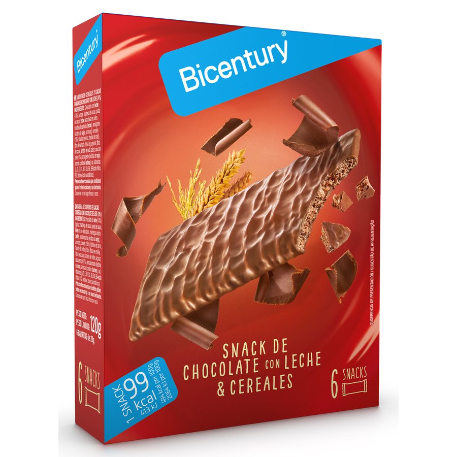 Barritas cereales chocolate con leche SARIALIS BICENTURY 6 unidades 120 g