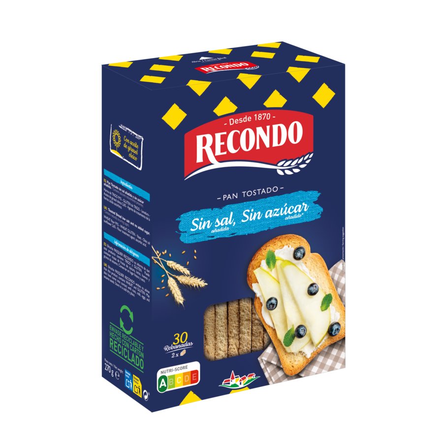 Pan tostado RECONDO sin sal, sin azúcar añadido 30 rebanadas 270 g