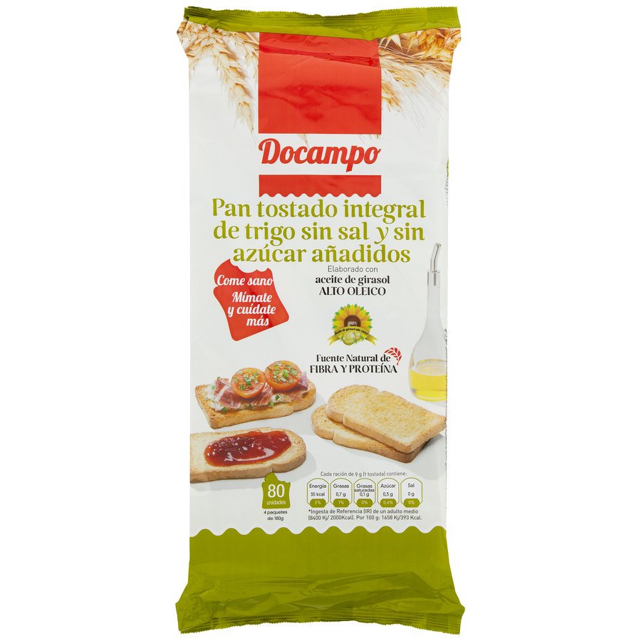 Pan tostado integral sin sal y sin azucar DOCAMPO 80 rebanadas 720 g