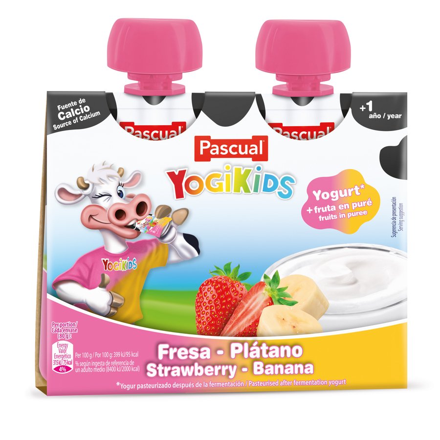 Yogur pasteurizado PASCUAL Yogikids fresa-plátano pack 2x80 g