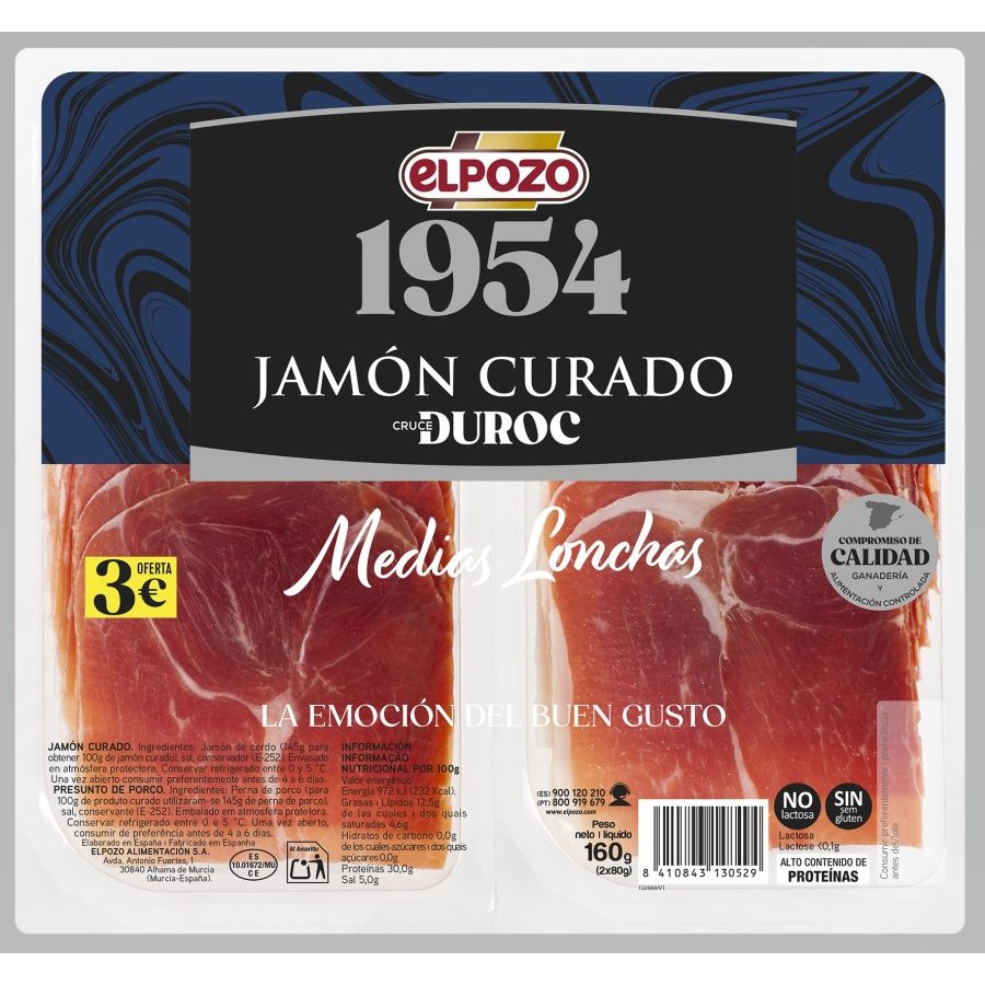 Jamón curado ELPOZO medias lonchas 2x90 g