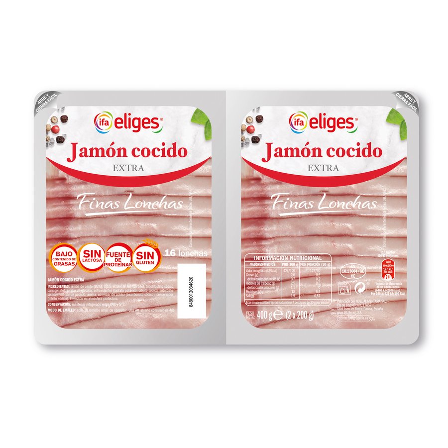 Jamón cocido extra finas lonchas IFA ELIGES 2X200 g