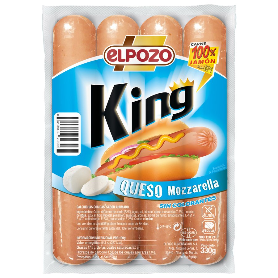 Salchichas ELPOZO King queso mozzarella sin gluten 330 g