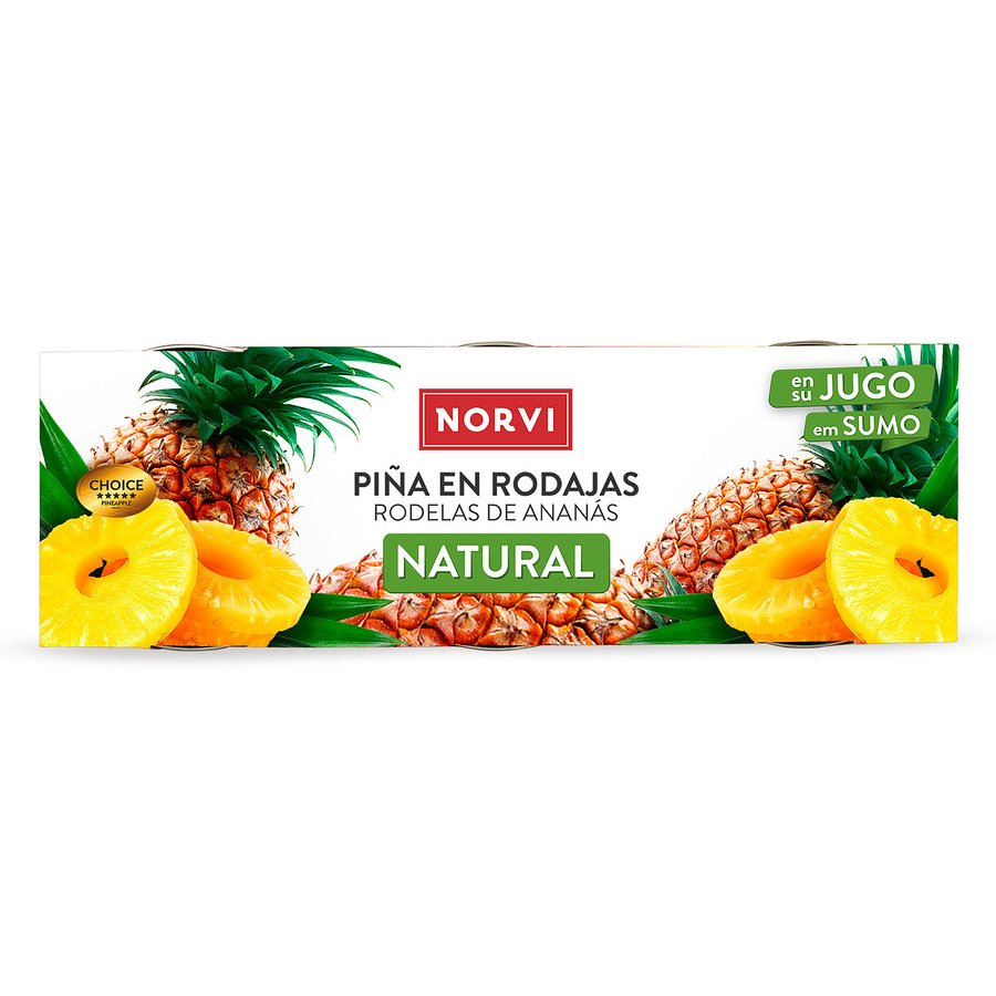 Piña en su jugo NORVI lata pack 3X137 g pne.