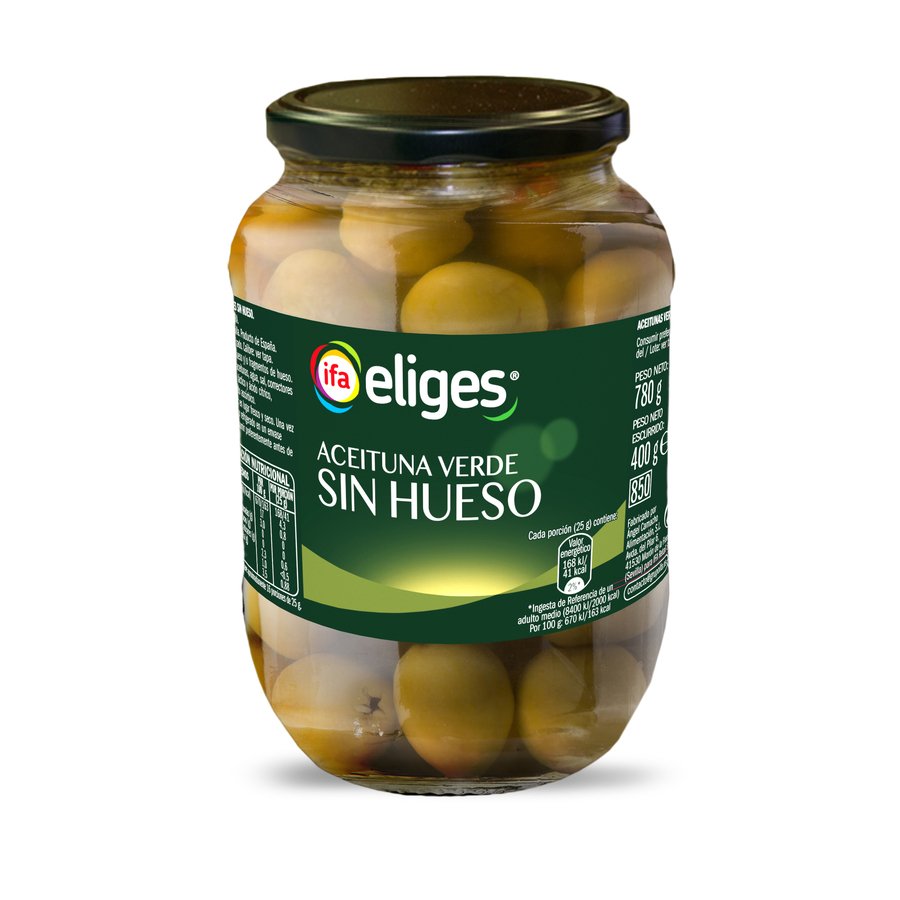 Aceituna manzanilla sin hueso IFA ELIGES frasco 400 g pne.