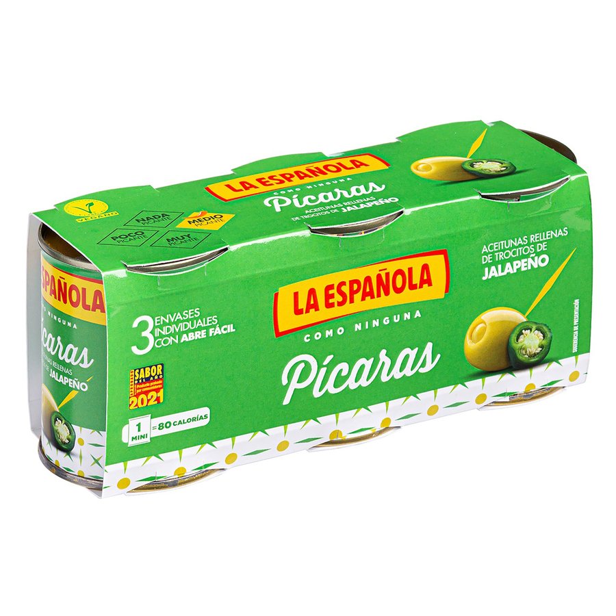 Aceituna LA ESPAÑOLA Picaras rellenas de trocitos de jalapeño pack 3x50 g pne.