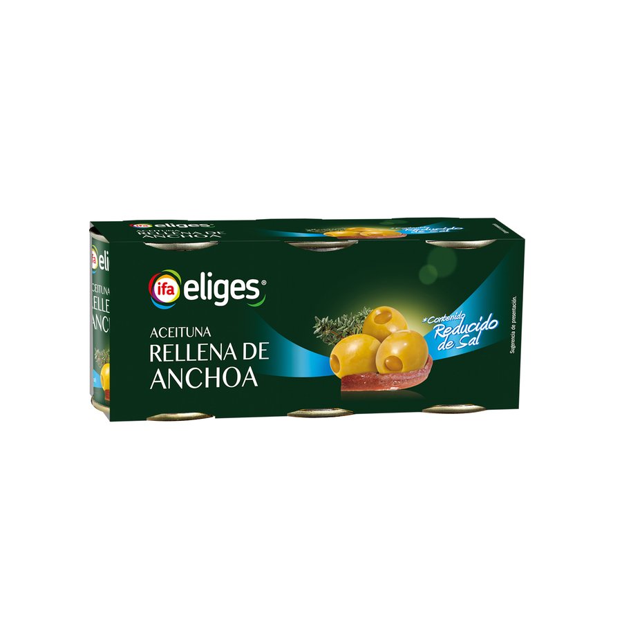 Aceituna rellena anchoa reducida en sal IFA ELIGES lata 3X50 g pne.