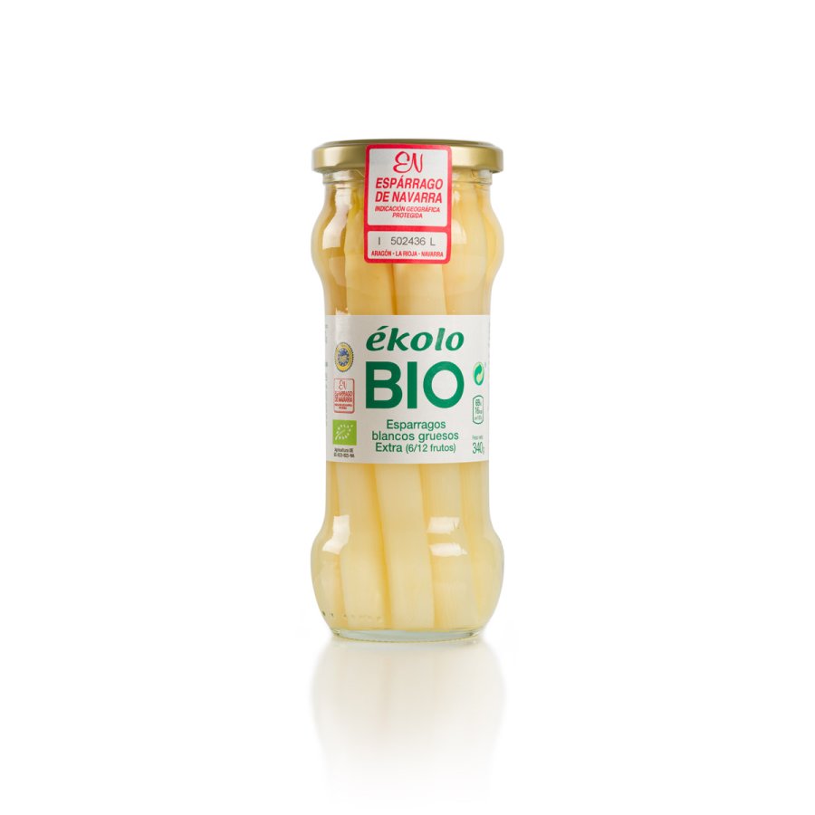 Espárragos blancos extra 6/12 gruesos EKOLO bio IGP Navarra frasco 210 g pne.