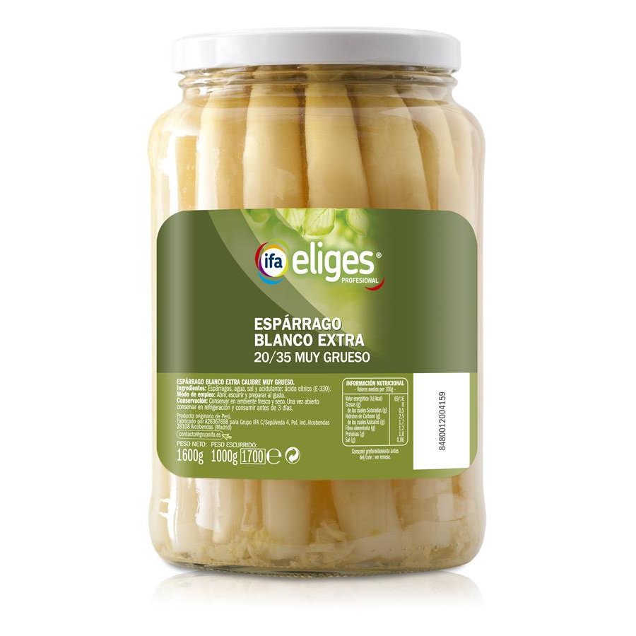 Espárragos blancos extra 20/35 muy grueso IFA ELIGES frasco 1 kg pne.