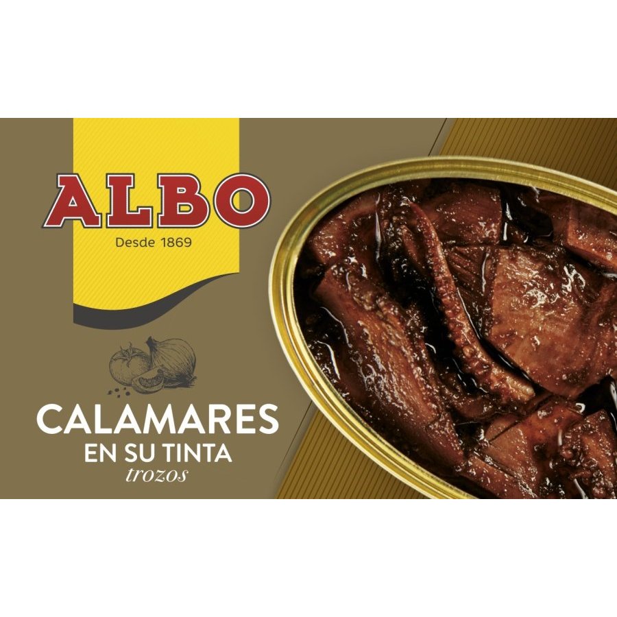 Calamares trozos en su tinta ALBO lata 112 g pn.