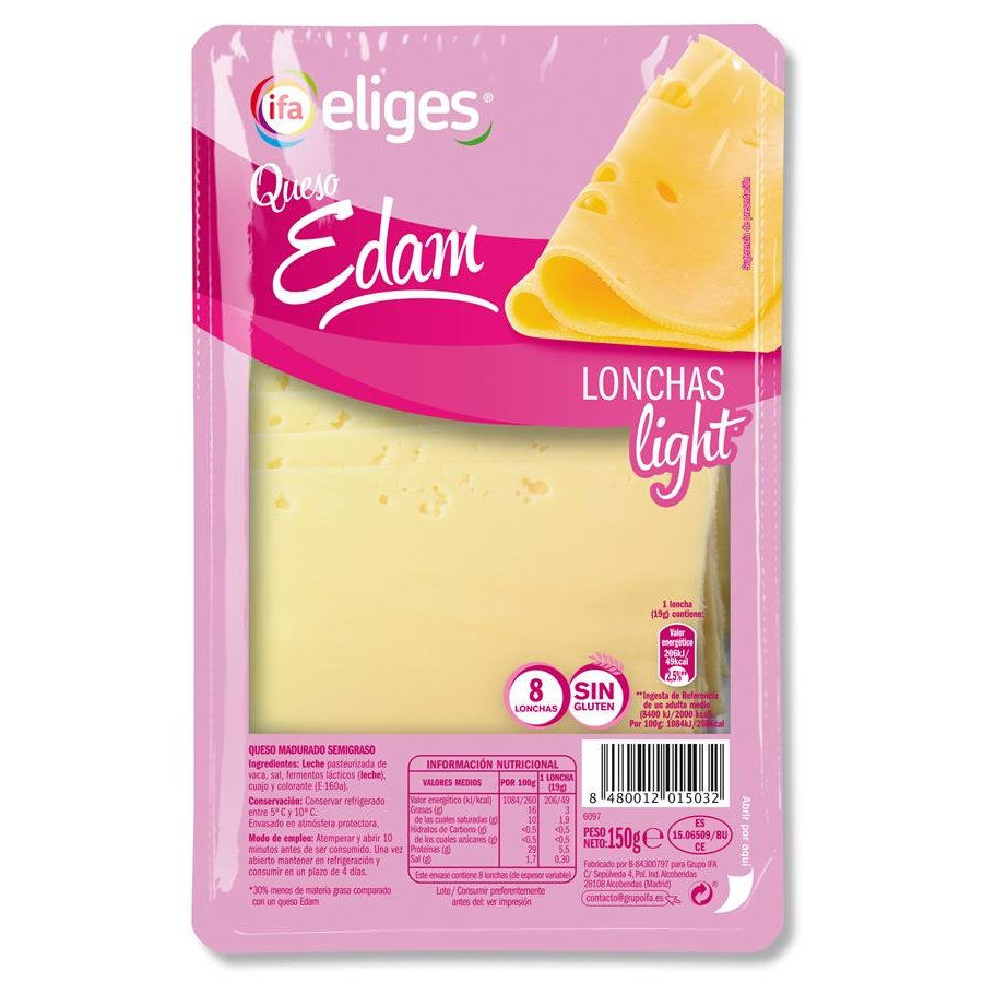 Queso edam light IFA ELIGES 8 lonchas 150 g
