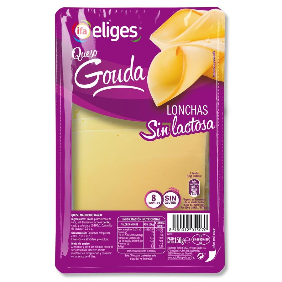 Queso gouda sin lactosa IFA ELIGES 8 lonchas 150 g