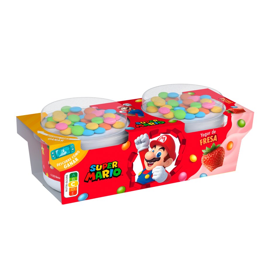 Yogur fresa DANONE Súper Mario + grageas 2x110 g