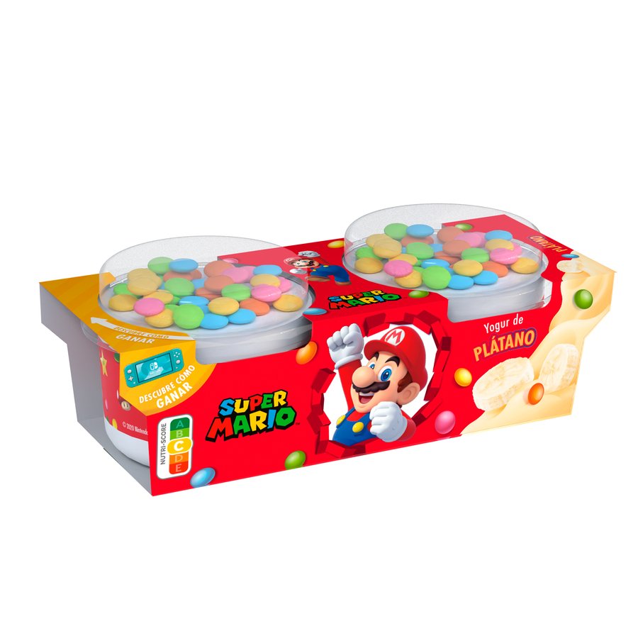 Yogur plátano DANONE Súper Mario + grageas 2x110 g