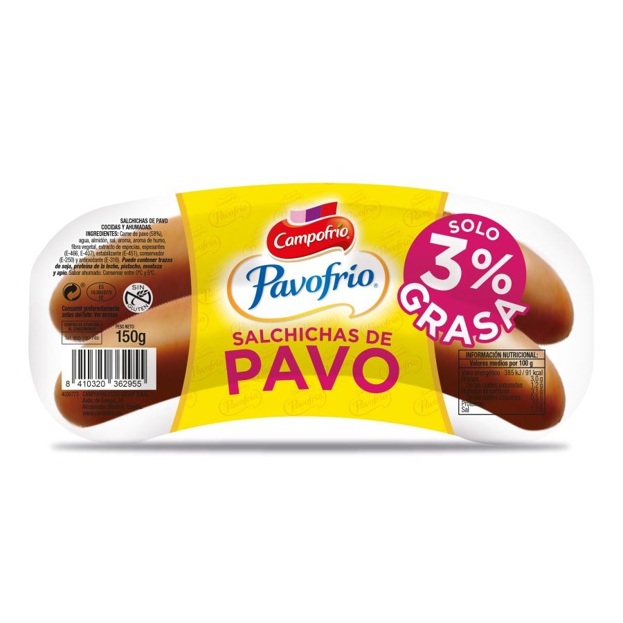 Salchichas pavo PAVOFRIO 3% GRASA 150 g