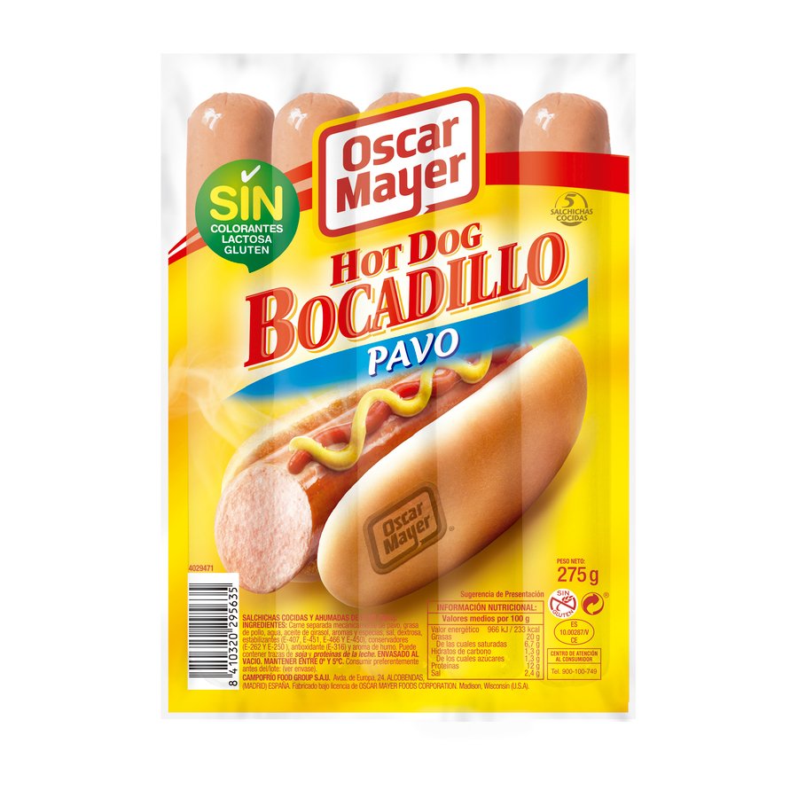 Salchichas OSCAR MAYER Hot Dog Bocadillo pavo 275 g