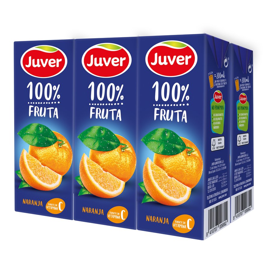 Zumo JUVER 100% fruta naranja 6x200 ml